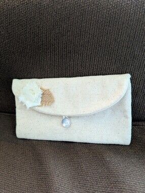 Handmade Off-White Linen Clutch Bag with Decorative Flower